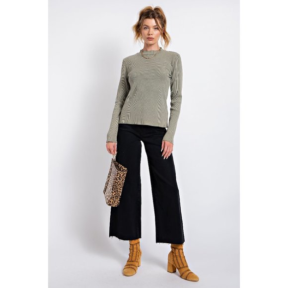 Easel Olive Mineral Washed Rib Knit Mock Neck Lettuce Trim Edge Fitted Slim Top - Picture 2 of 5